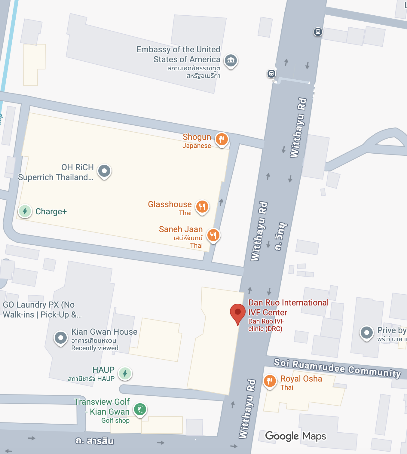 Google Maps showing Dan Ruo International IVF Center on Witthayu Road near Sarasin Road in Bangkok